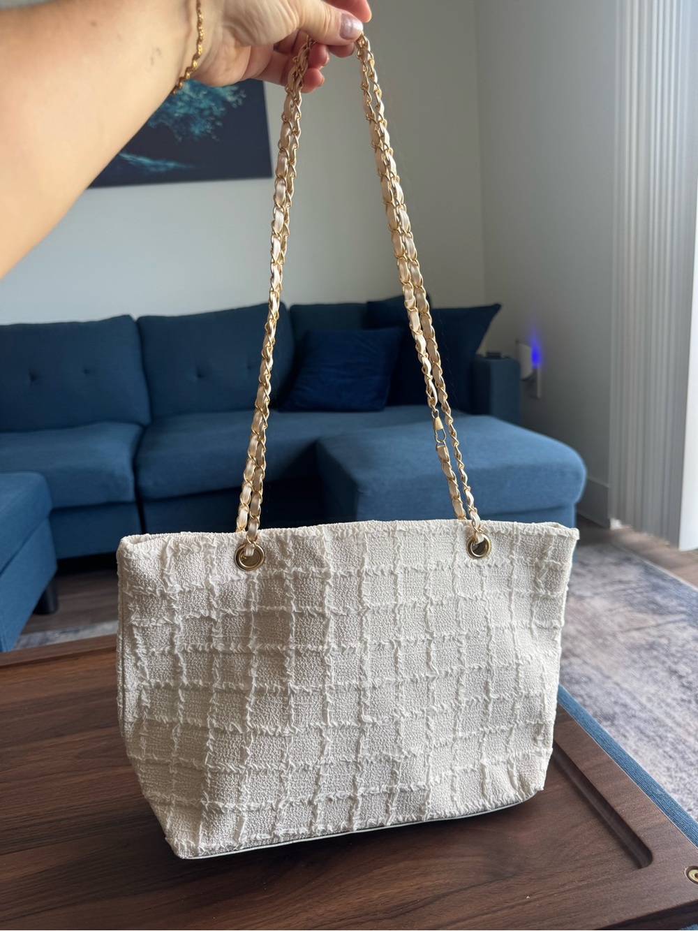 Cream Textured Tote with Gold Chain Straps